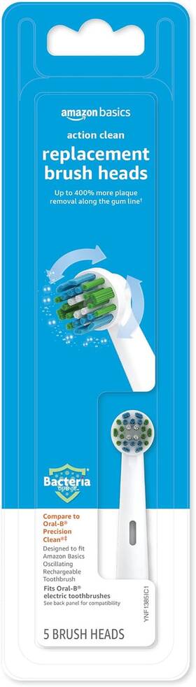 Amazon Basics 744111014739 Action Clean Replacement Brush Heads 5 Count White Fits Most Oral-b Electric