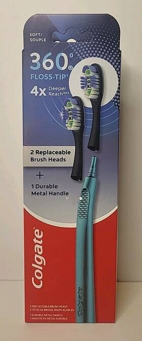 Colgate 827854004868 360 Floss Tip Toothbrush - Metal Handle With 2 Brush Heads New