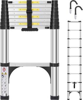 Dezex 733561683626 Telescoping Ladder 8.5 Ft Anti-pinch With Hooks Silvery One-button