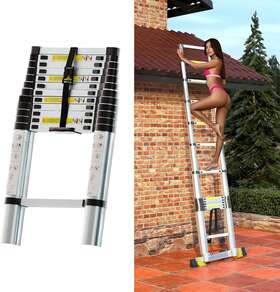 S576 Dimko Folding Telescoping Ladder 12.5 Ft Aluminum Extendable Silver