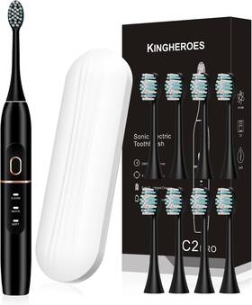 Kingheroes 639846516095 Electric Toothbrush Set Comes With 8 Brush Heads And Travel Case 4 Modes Black