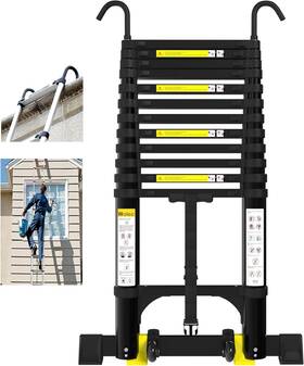 Wolec 756594418836 Telescoping Ladder 12.5ft Aluminum Portable 12.5 Ft With Hooks Black